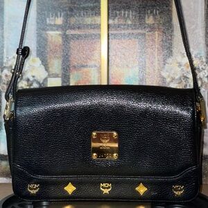 MCM Vintage Black Leather Shoulder Bag with Gold Details made in Germany